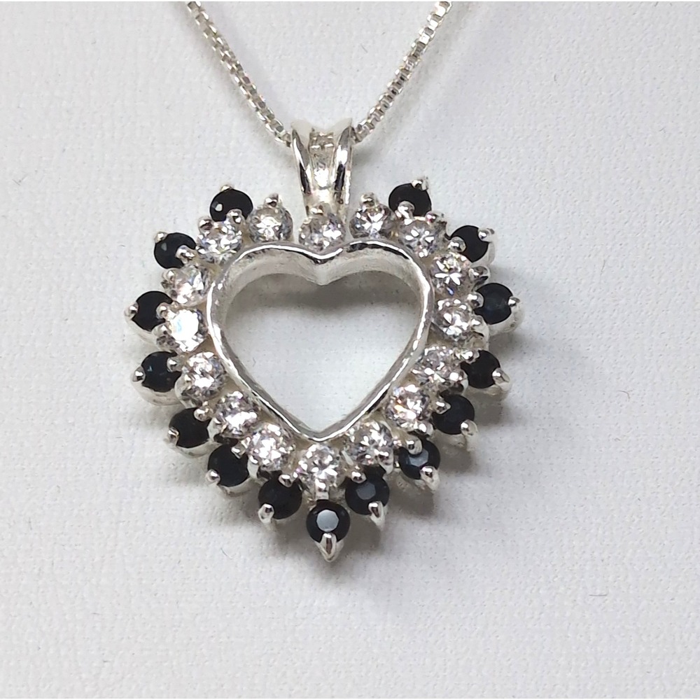 Open Heart Pendant Necklace Clear & Black CZ Stones 7.62g